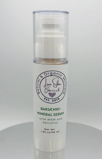 Bakuchio - Mineral Serum – Bakuchiol - Retinol Alternative with MSM & Centella Asiatica - Love Skin Botanicals - Skincare serum bottle with label on a white background - 634855166569